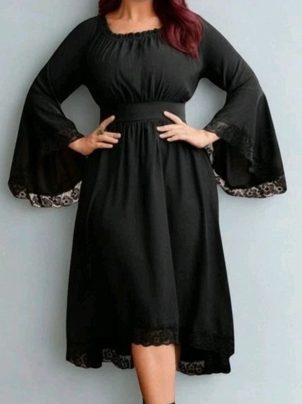 BloomChic Black Bell Sleeve Midi Dress with Lace Trim